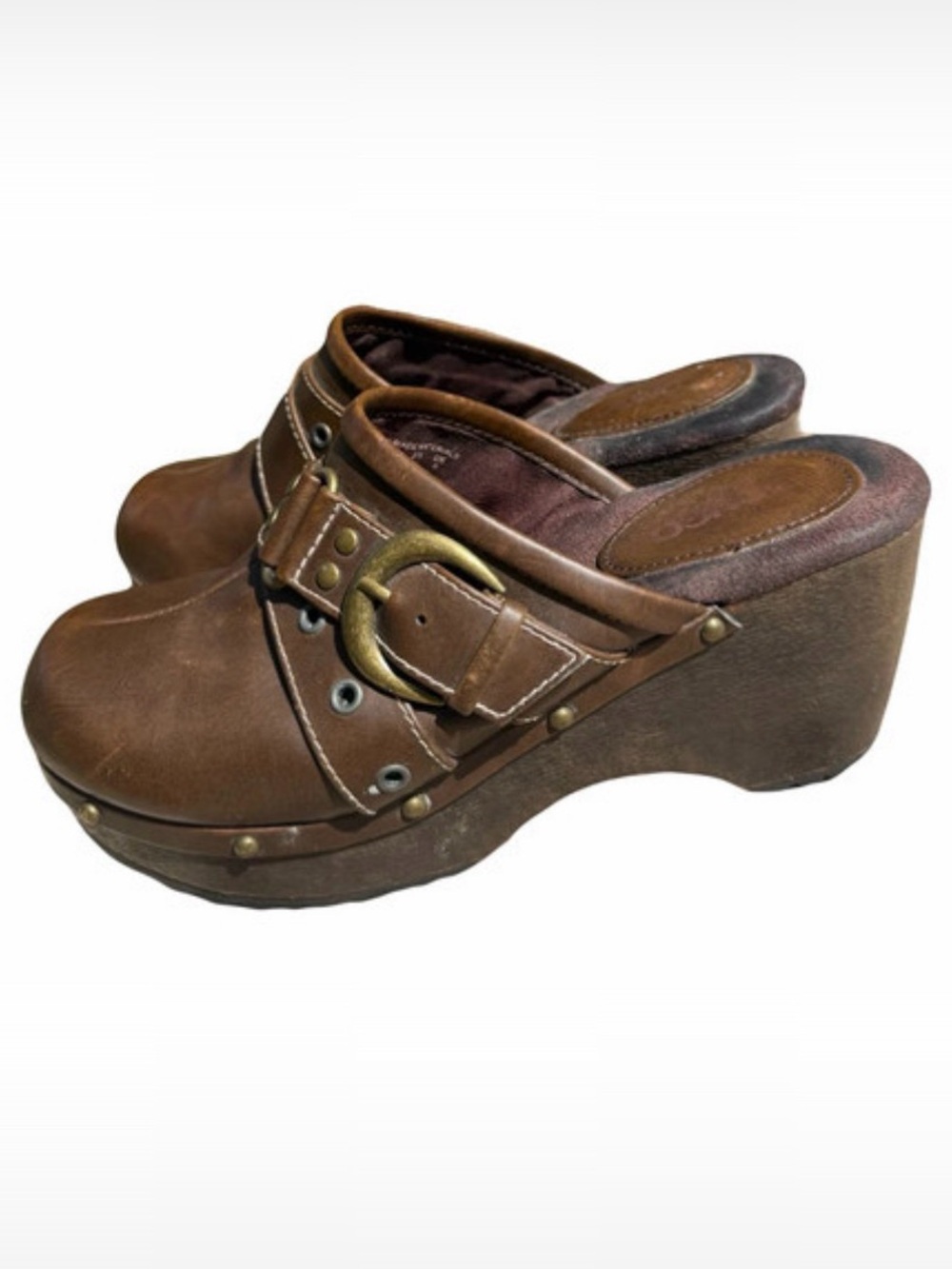 BONGO Brown Leather Buckle Clog Mules